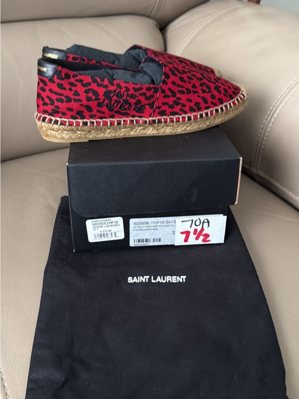 Saint Laurent Red and Black Leopard Canvas Espadrilles